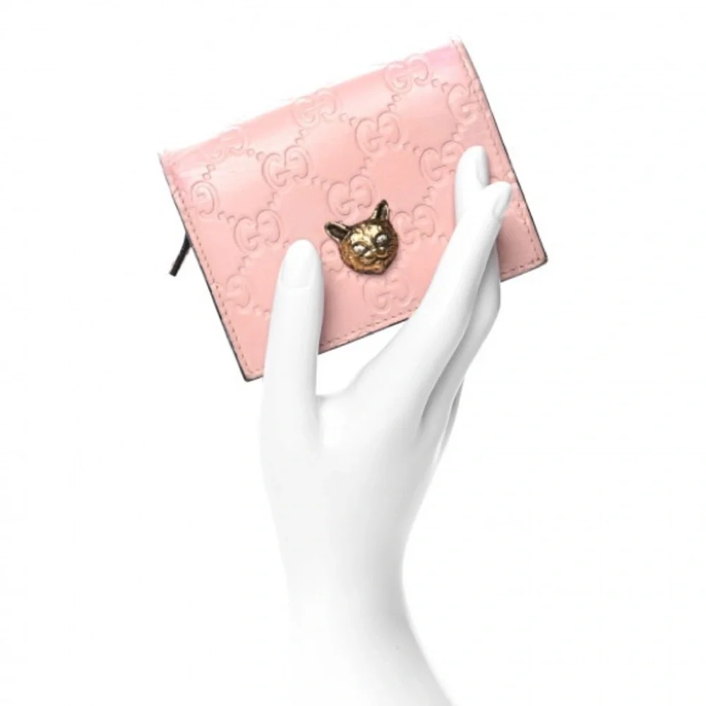 💖GUCCI Guccissima Signature Crystal Cat Card Case Wallet Light Candy Pink
